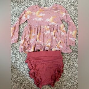 Posh Peanut Lina peplum bummie set. Pink cloud & moon top w/ dark pink bloomers.